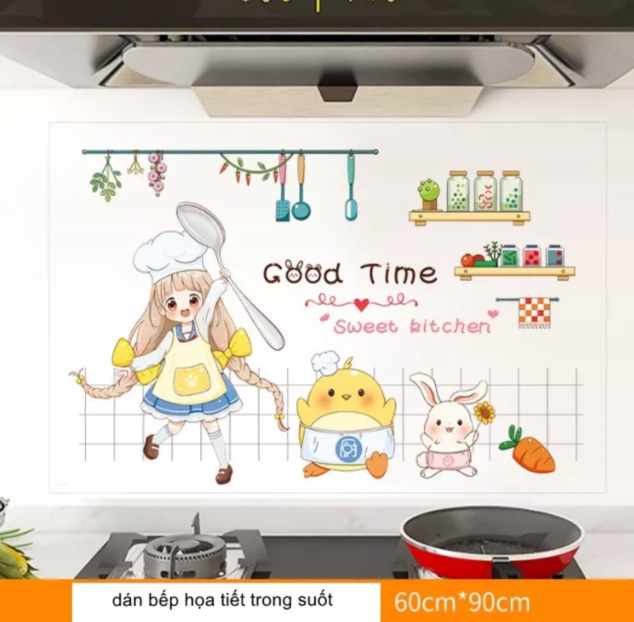 Miếng dán bếp Chống dầu mỡ Nhựa PVC trong suốt in họa tiết Good Time