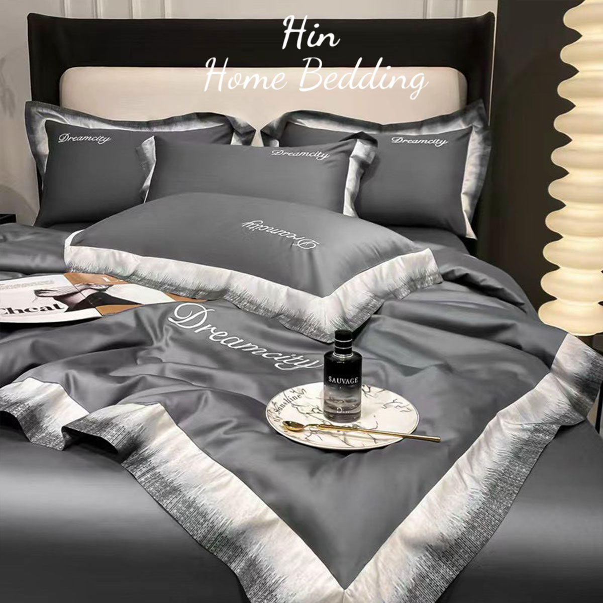 Bộ Chăn Ga Gối Đệm 5 Món Chăn Bông Hin Home Bedding Drap Giường Lụa Mẫu Xám Lông Chuột