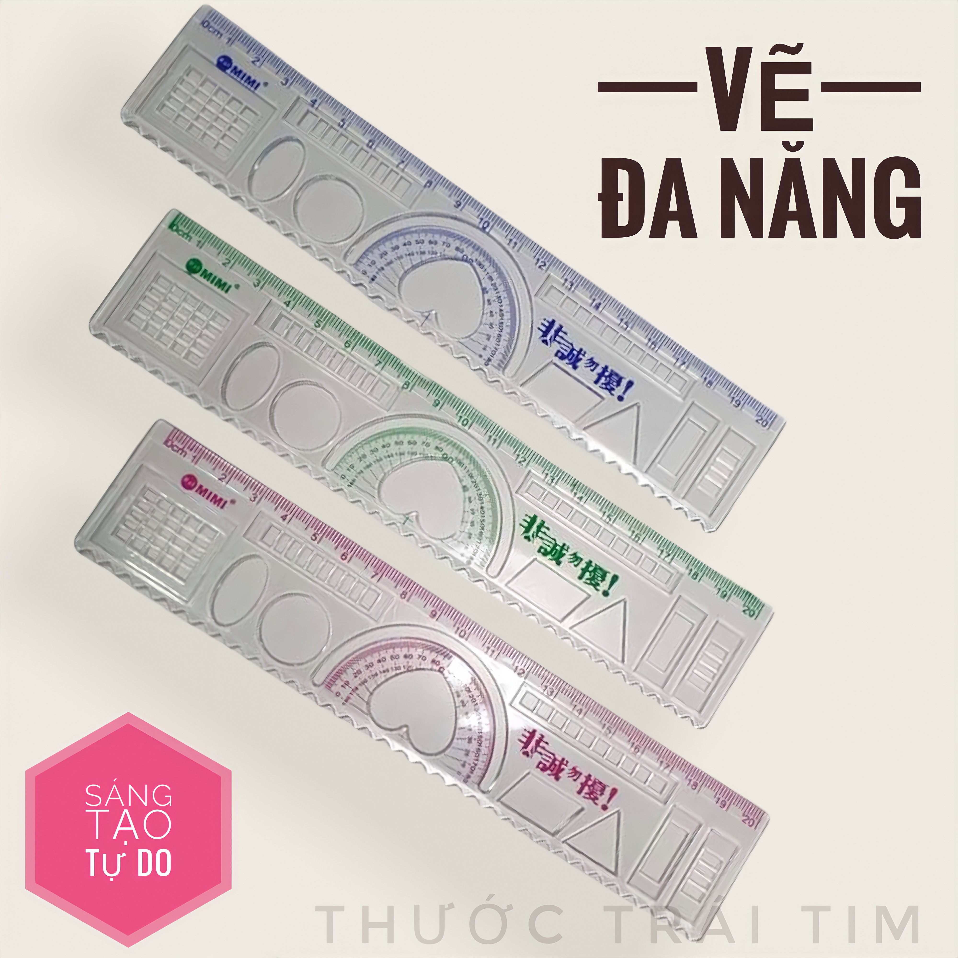 Thước 20cm trái tim nhiều màu, thước kẻ học sinh