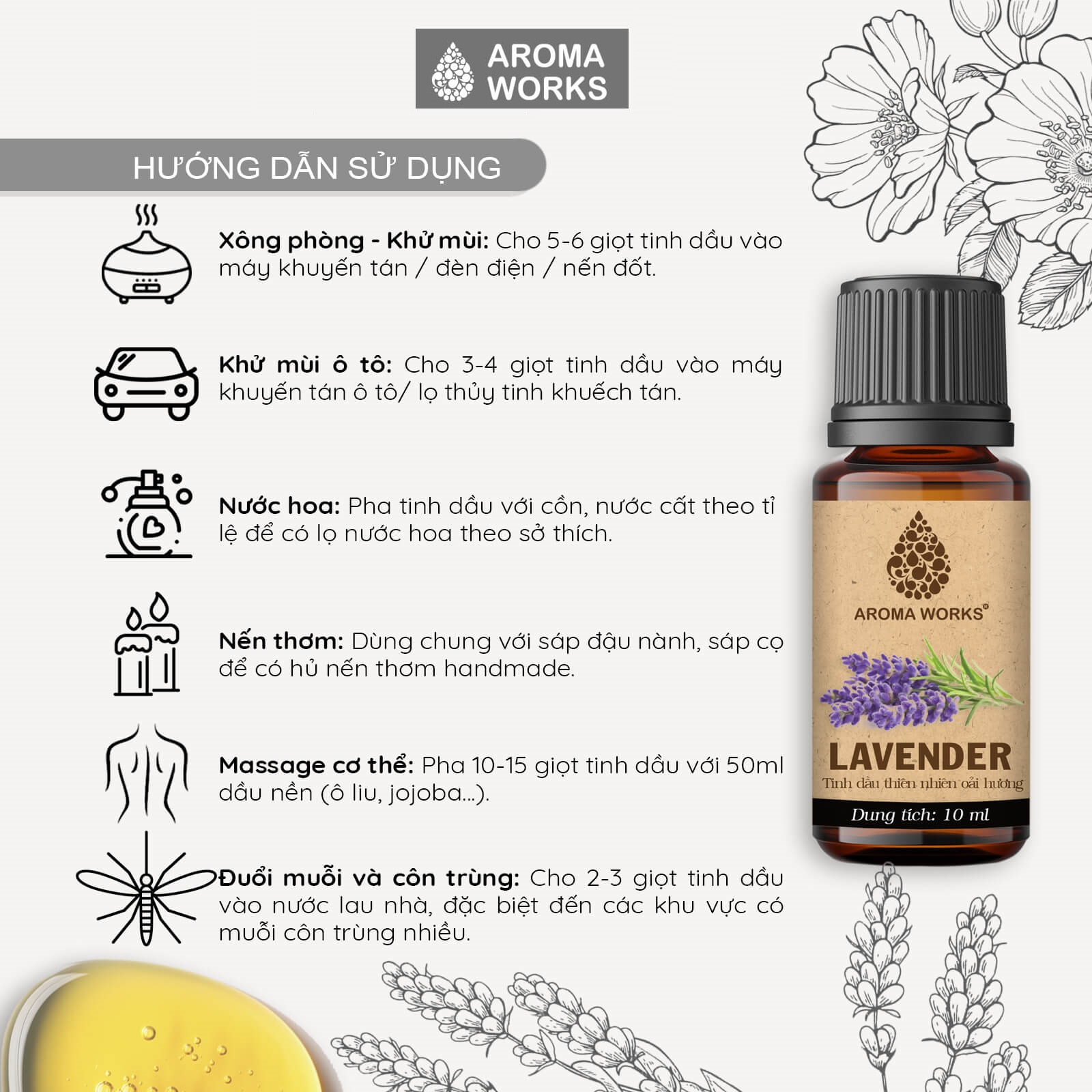 Tinh dầu thơm phòng Aroma Works hoa Oải Hương - Hoa Lài - Phong Lữ - Trà Trắng - Ylang làm nến thơm