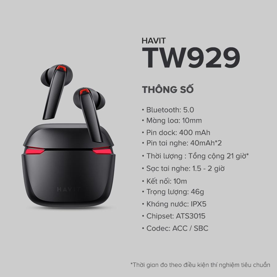 Tai Nghe Bluetooth TWS HAVIT TW929 BT 5.0, Độ Trễ Thấp 60ms, Kháng IPX5, Thời Gian Nghe Đến 21h - Hàng Chính Hãng