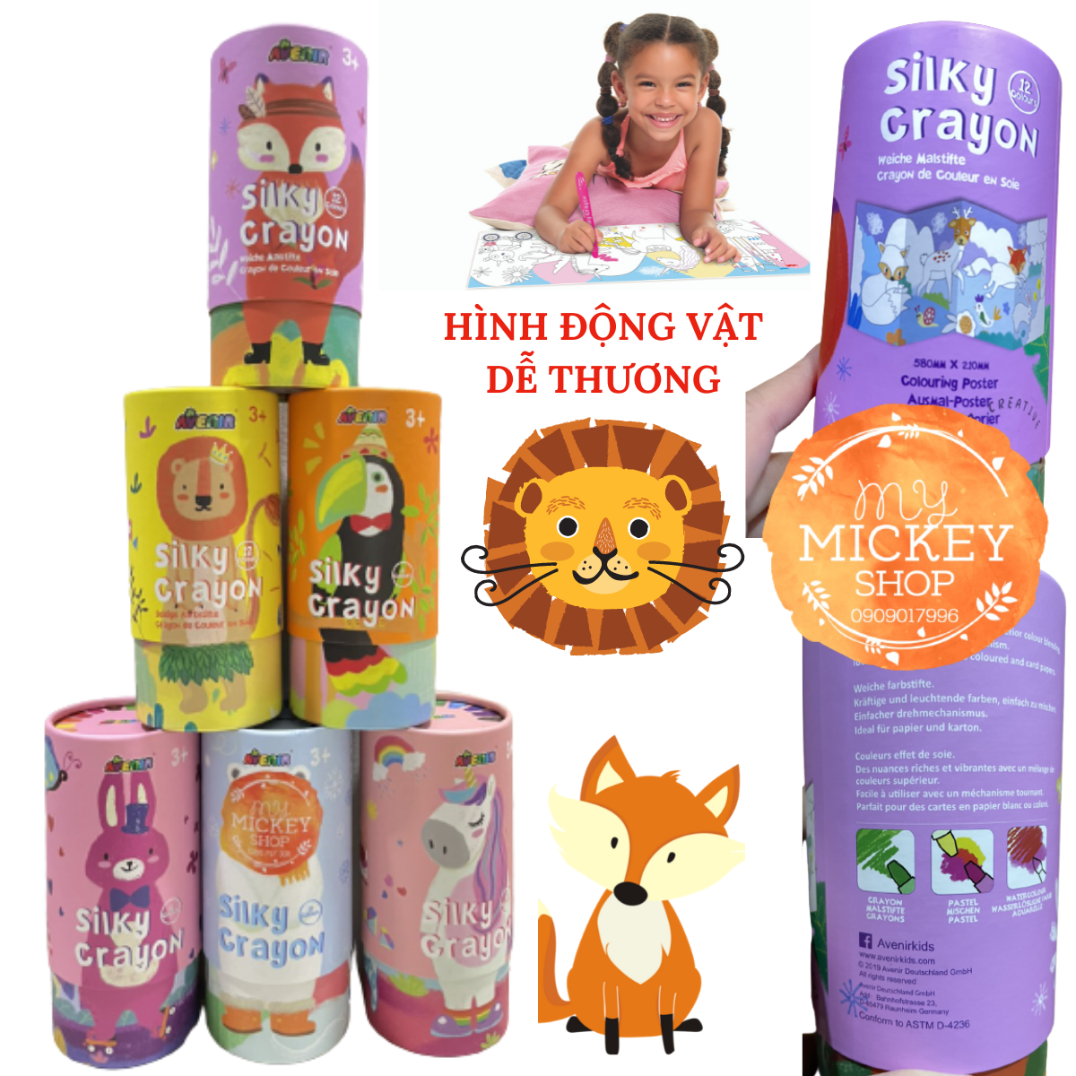 Hộp bút sáp dầu 12 màu Avenir có 6 mẫu cho bé lựa chọn - Avenir Silky Crayon My Mickey Shop