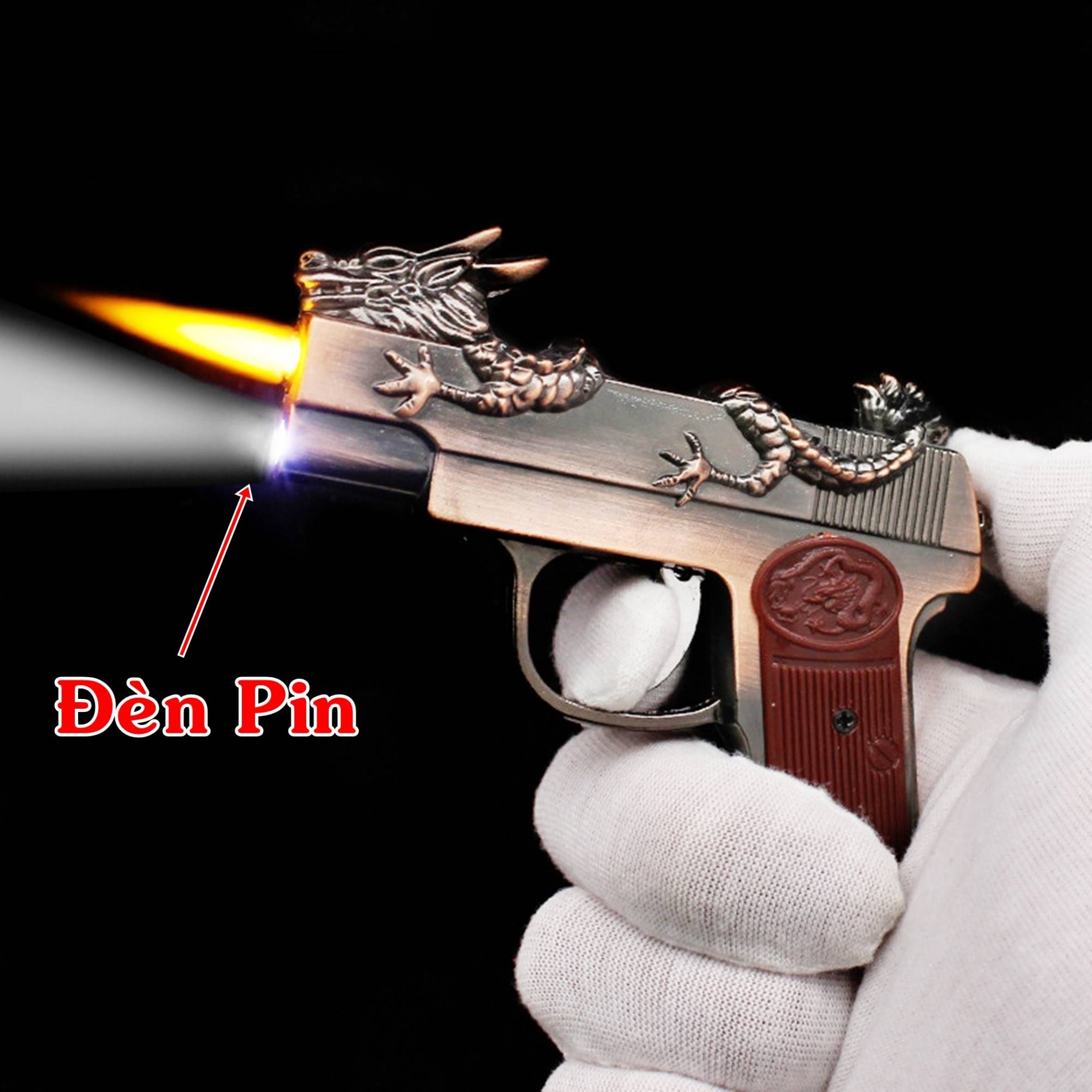 Hột quẹt bật lửa khè hình xúng rồng cuộn có đèn pin size 9.5cm - xài gas