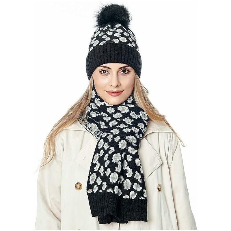 Phụ nữ Mũ mùa đông Mũ khăn Tricot Léopard Bonnet Hot Scarf Skiing Black Mat