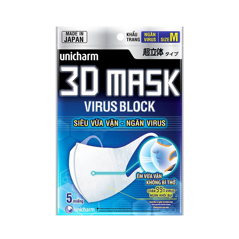 Combo Hộp Khẩu trang Unicharm 3D Mask Super Fit 100 miếng + 5 Bộ khẩu trang ngăn vi khuẩn Unicharm 3D Mask Virus Block gói 5 miếng