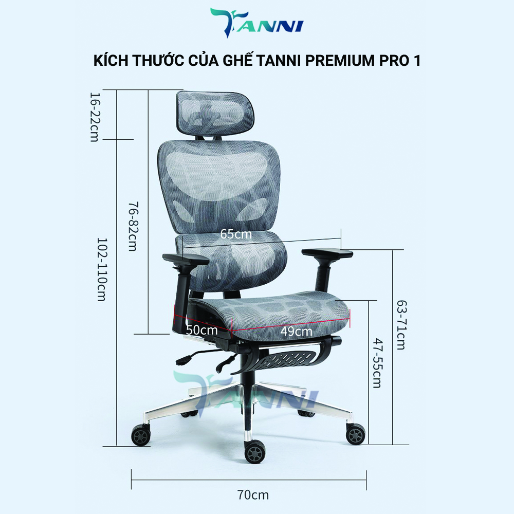 Ghế Xoay Văn Phòng Công Thái Học Châu Âu Cao Cấp Có Ngả Lưng TANNI Premium Pro 1, Ghế Xoay Ngồi Làm Việc Ergonomic Nhập Khẩu