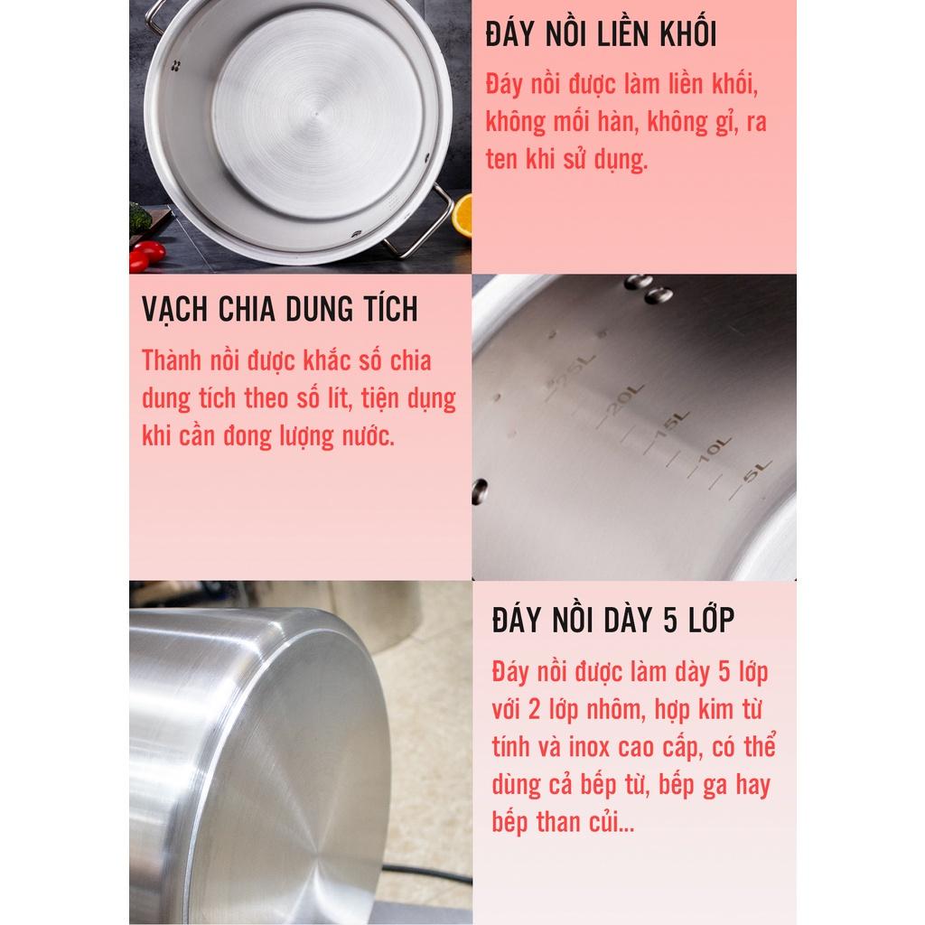 Nồi inox đáy dày 5 lớp 50L cm - nồi đáy liền cao cấp có giỏ inox