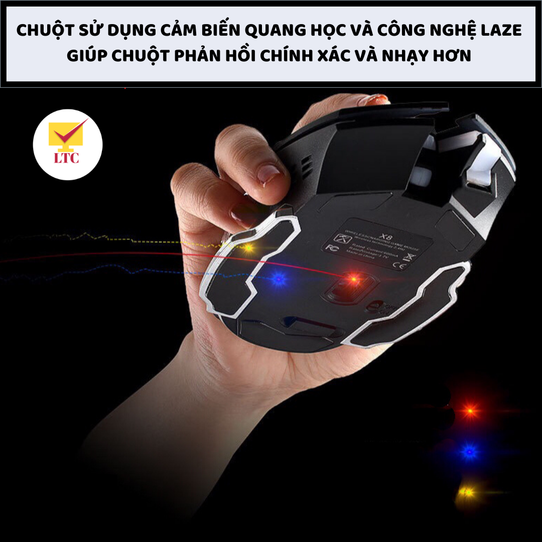 Chuột không dây gaming máy tính X8 có đèn LED đổi màu, pin sạc cực trâu, tương thích pc, laptop chơi game cực đã - Hàng Chính Hãng