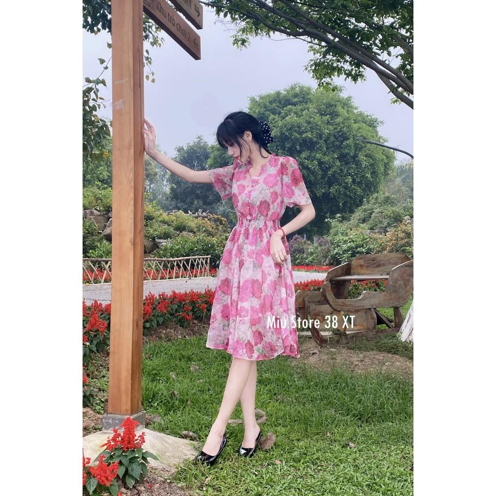 Đầm hoa hồng eo thun ngắn tay dáng xòe A D00127