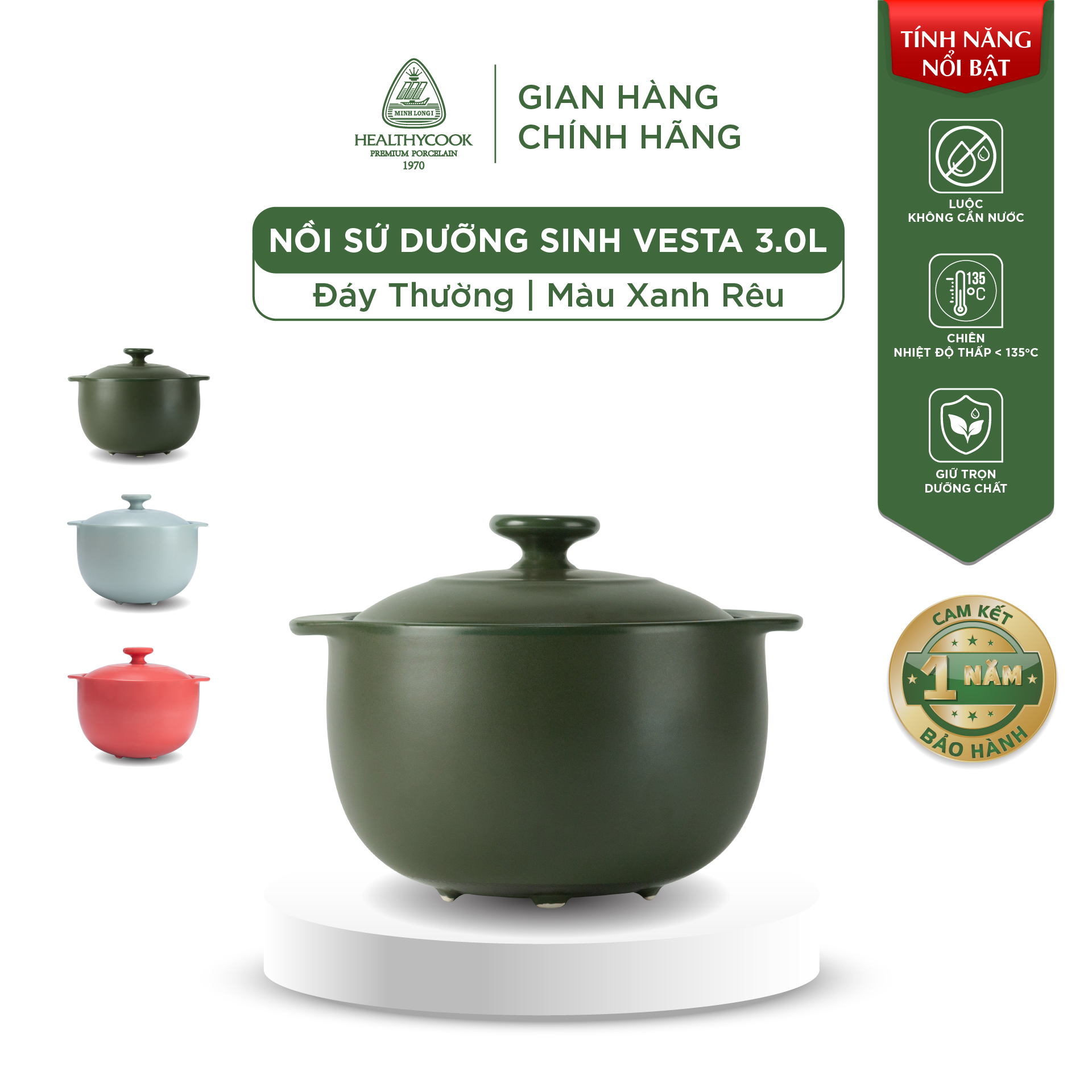 Nồi Sứ Dưỡng Sinh Minh Long Healthy Cook Vesta 3.0 L - Dùng Cho Bếp Gas, Bếp Hồng Ngoại