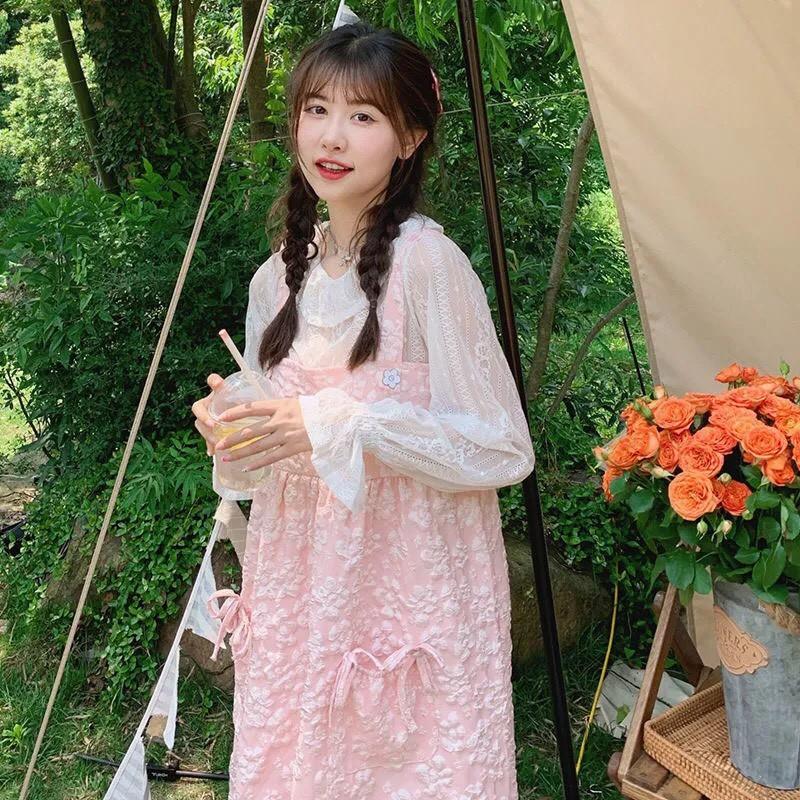 Set áo và váy hai dây hồng dễ thương