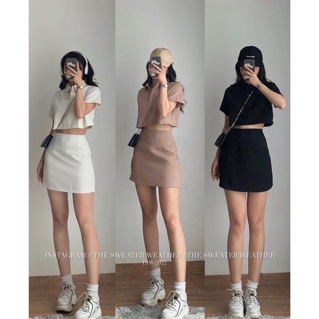 Set áo polo croptop kèm chân váy chữ A