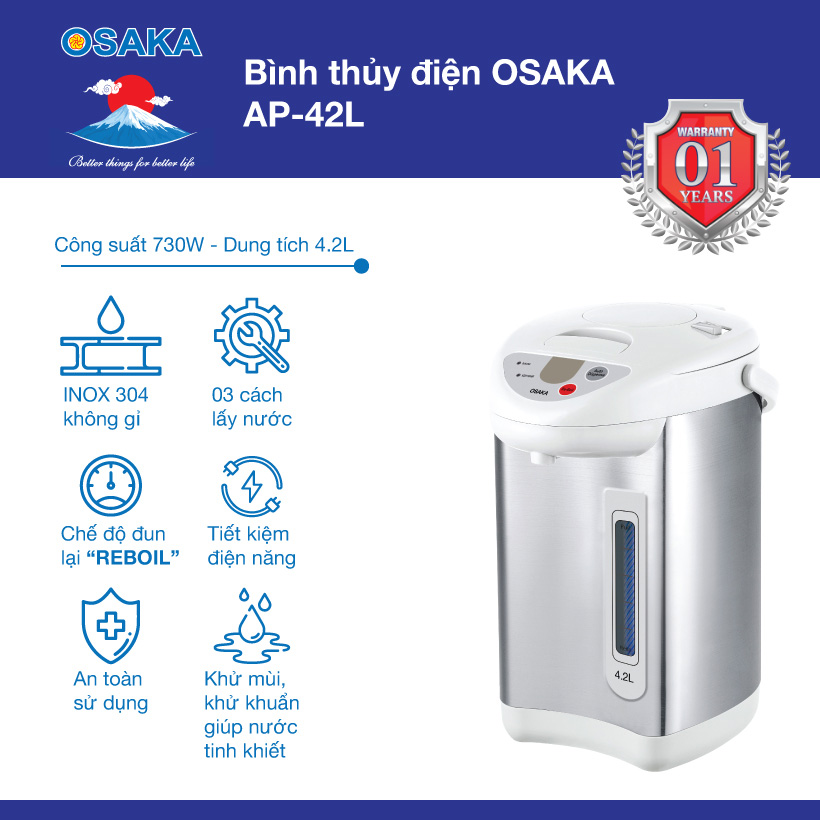 Bình thủy điện cao cấp AP-42L dung tích 4.2 lít - Lòng inox bền đẹp - Hàng chính hãng
