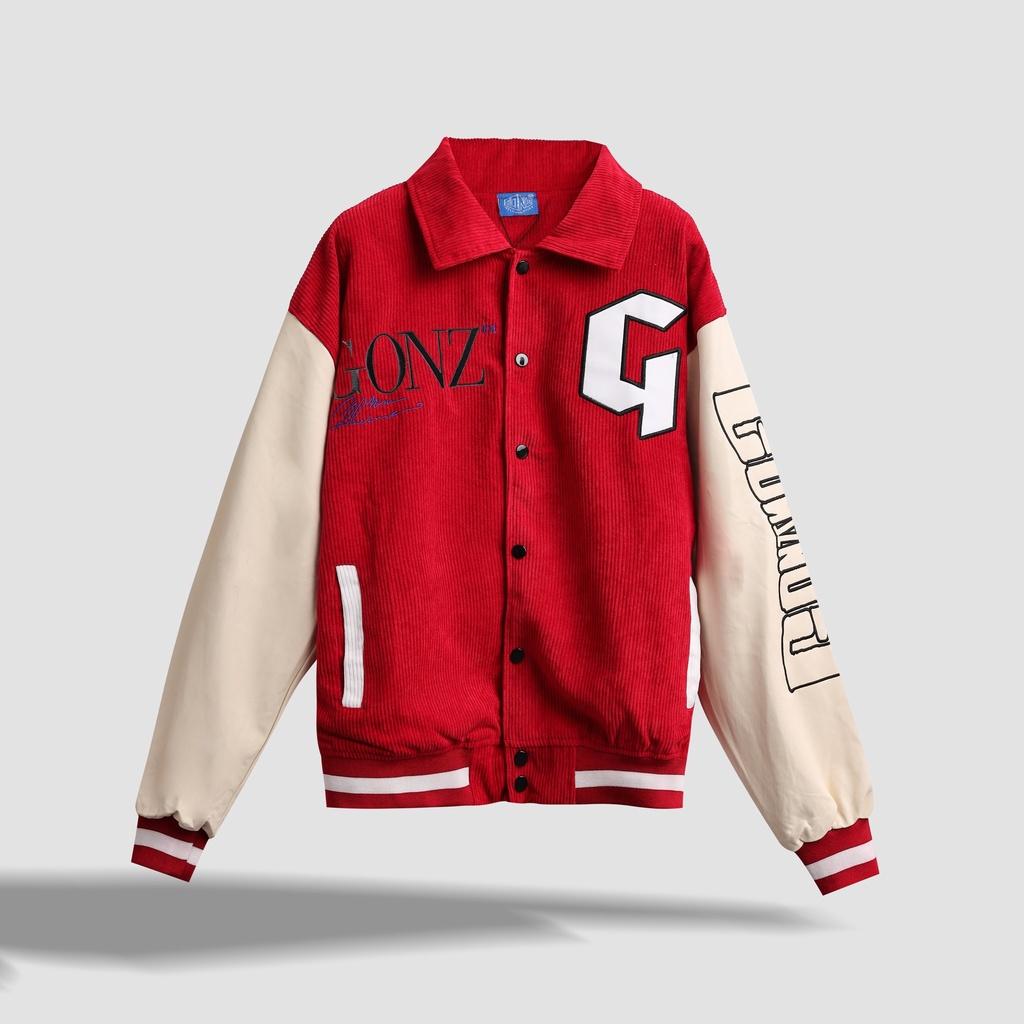 Áo Khoác Nhung Tăm Form Rộng Phối Tay Da Leather Seeve Jacket Varsity V16 - Màu Đỏ