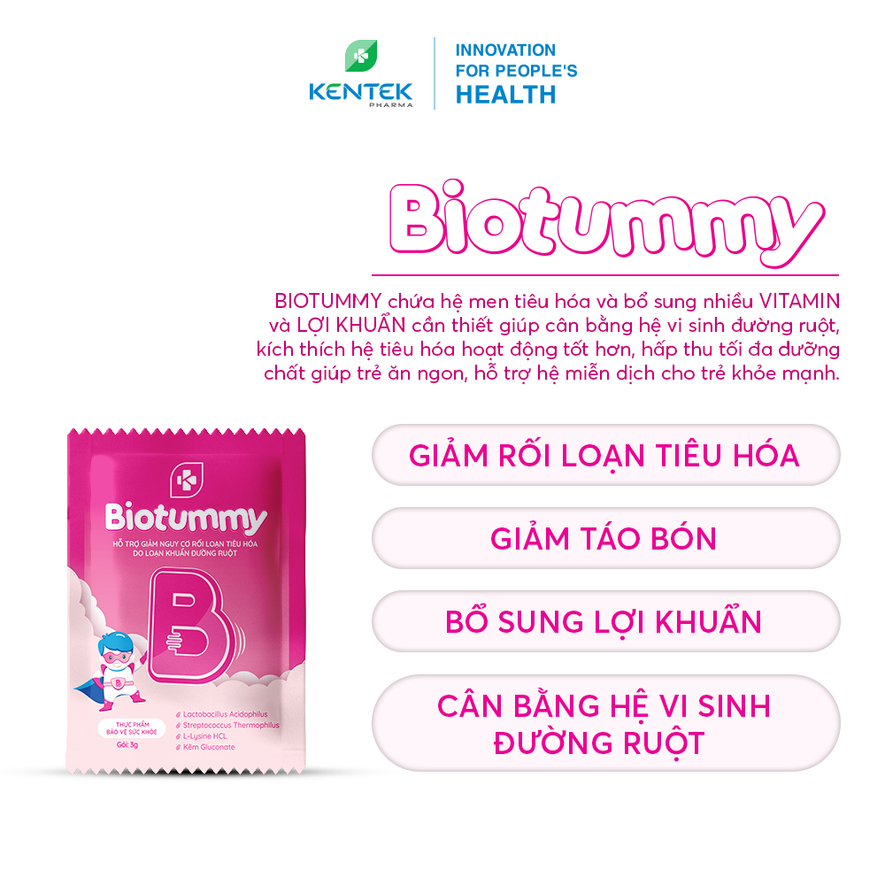 Thực phẩm KENTEK PHARMA | BIOTUMMY bổ sung lợi khuẩn đường ruột, hỗ trợ giảm rối loạn tiêu hóa, táo bón do loạn khuẩn đường ruột cho bé