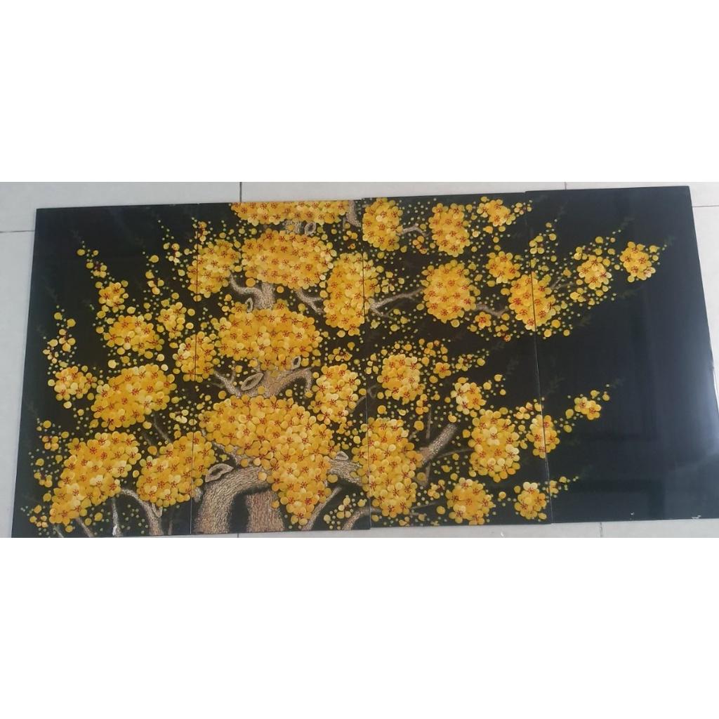 Tranh sơn mài cao cấp, thủ công mỹ nghệ Thanh Bình Lê size 120x60 cm - Bộ Tranh hoa đào và đàn Hạc tiên