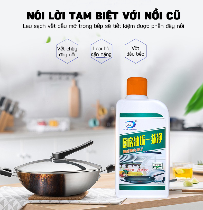 Dung DịchTẩy Dầu Mỡ, Cặn Đen Đáy Nồi, Xoong, Chảo Inox Siêu Sạch LKB 260ML- Hàng Nhập Khẩu