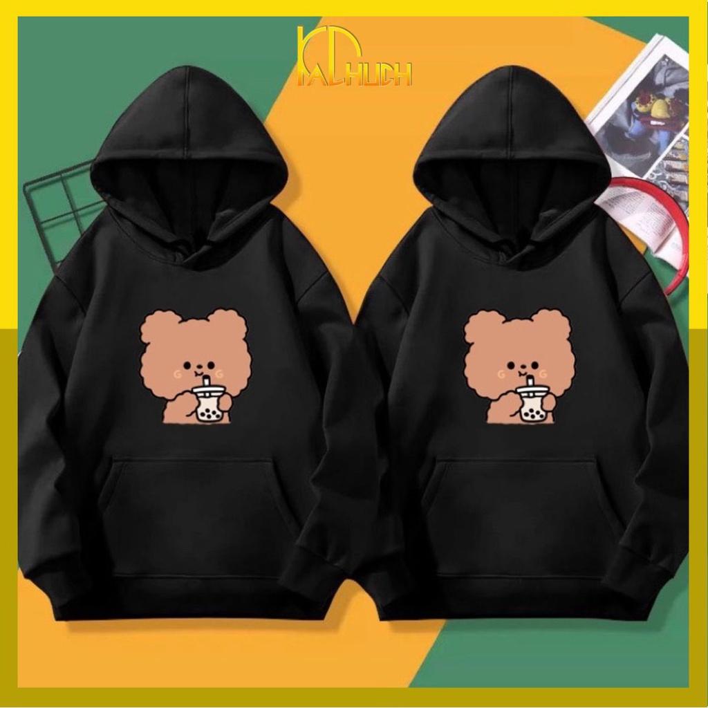 Áo hoodie nam nữ in gấu nâu uống trà sữa