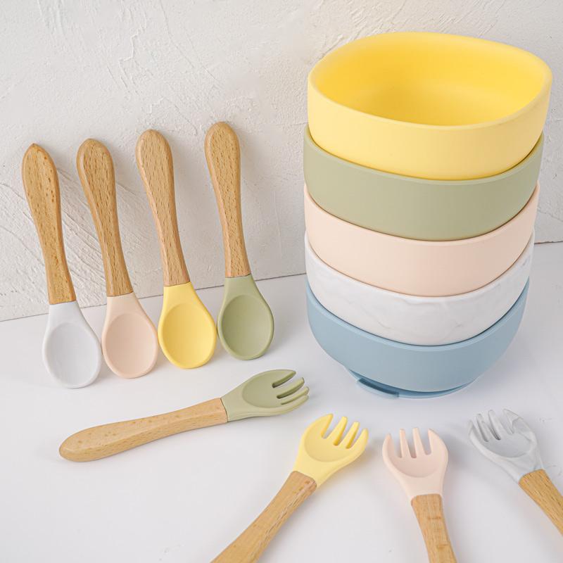 Cho Bé Bộ Đồ Ăn Trẻ Em Silicone Hút Bát Giỏ Muỗng Nĩa Không Chứa BPA Bộ Đồ Ăn Trẻ Em Thực Phẩm An Toàn Tán Thành Silicone Trẻ Em Sản Phẩm