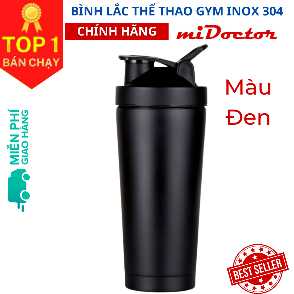 [Màu Đen] Bình Lắc Thể Thao Shaker Tập Gym Inox Có Giữ Nhiệt Chính Hãng miDoctor