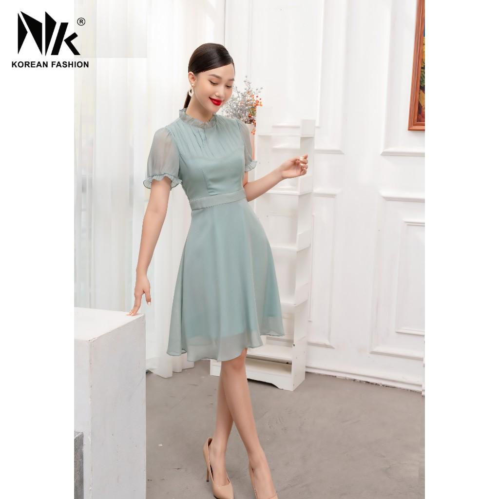 Váy Nữ Dáng Xoè NK FASHION Tay Bồng Xếp Ly Ngực, Chất Liệu Lụa Hàn Cao Cấp Chống Nhăn Xù NKDV2104042