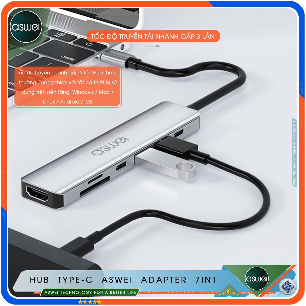 Hub Type C ASWEI 7 in 1 To HDMI, USB 3.0, SD, TF, USB C, PD - Cổng Chia USB, Ổ Chia USB Tốc Độ Cao - Hub Chuyển Đổi USB Type C 7 Cổng Dành Cho Macbook, Laptop, PC, Máy Tính Bảng, Điện Thoại - Hàng Chính Hãng