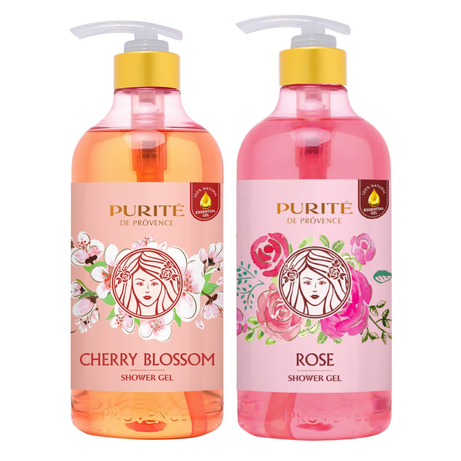 Combo Sữa Tắm Thiên Nhiên Mềm Mịn Hoa Hồng Purité 850ml/chai + Sáng Mịn Hoa Anh Đào 850ml/chai