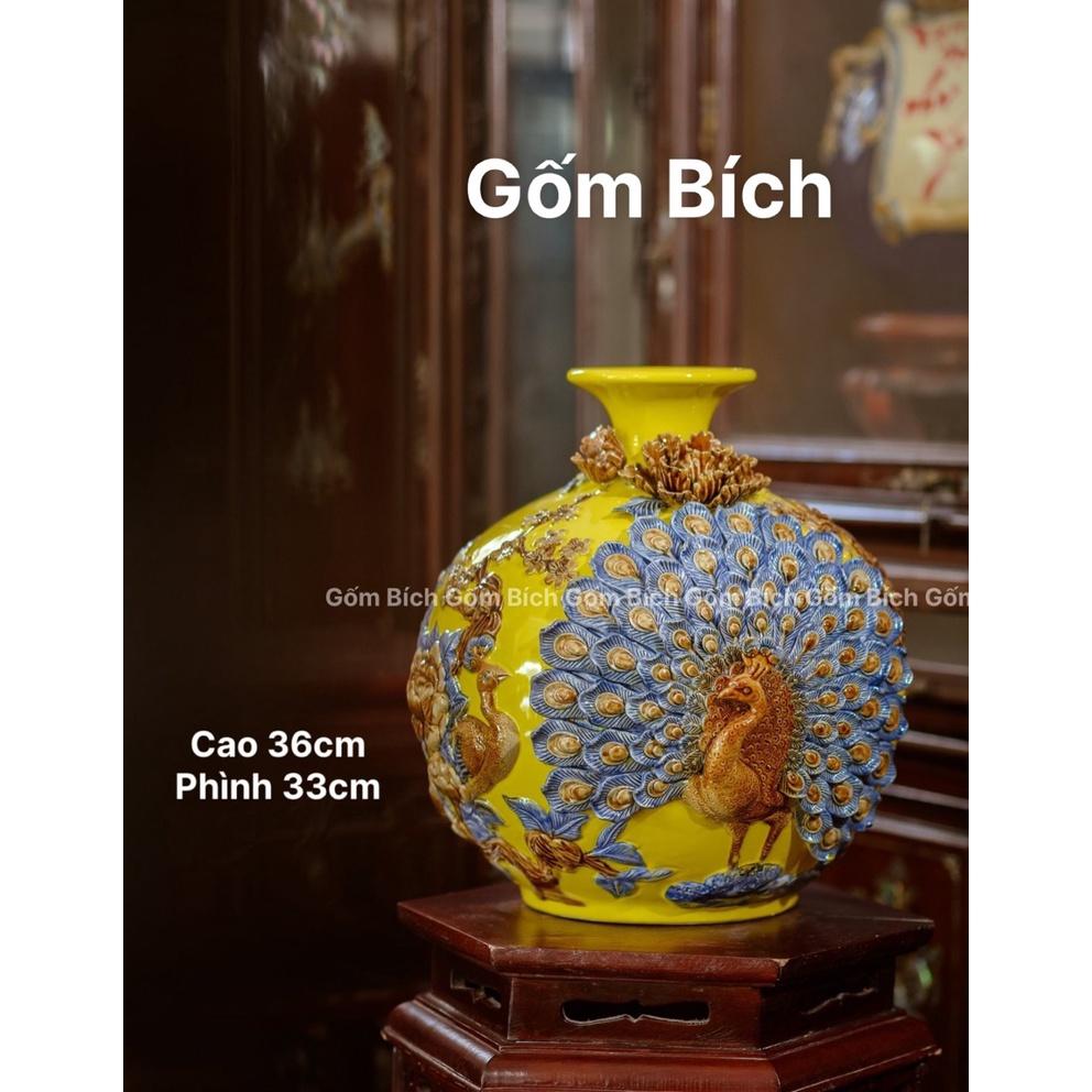 Bình Hút Lộc Cao 36cm Công Đào Đuôi Xòe Phú Quý Vinh Hoa Men Màu Bình Phong Thủy Tài Lộc Gốm Sứ Bát Tràng