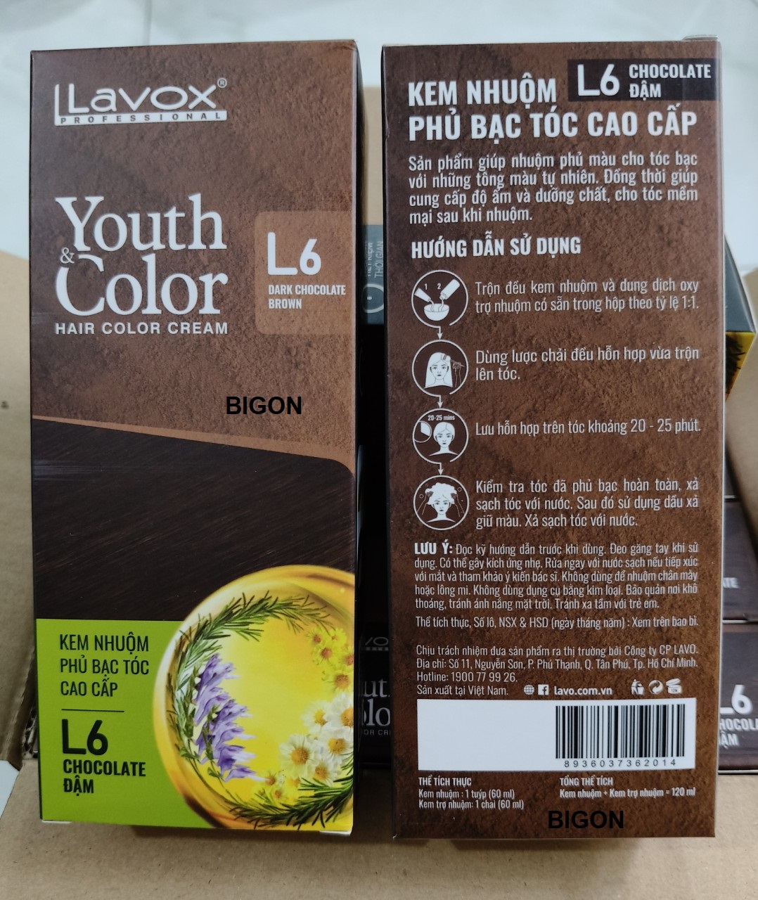 (Nâu Chocolate Đậm) Kem Nhuộm Dưỡng Tóc Phủ Bạc Lavox Youth&amp;Color L6 - Màu Nâu Chocolate Đậm