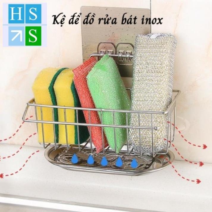 Giá đựng đồ rửa chén Inox 304 , Kệ để giẻ rửa bát có khay hứng nước , Giỏ inox dán gắn tường tiện dụng - HS Shop