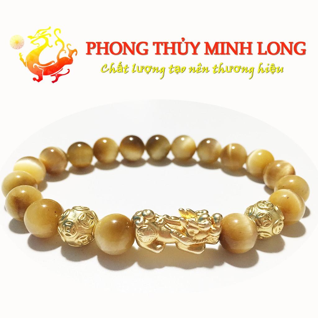 Vòng tay đá Mắt Hổ Vàng Tâm chất lượng 5A mix Tỳ Hưu và 2 Hạt Kim Tiền Vàng hợp mệnh Thổ và mệnh Kim