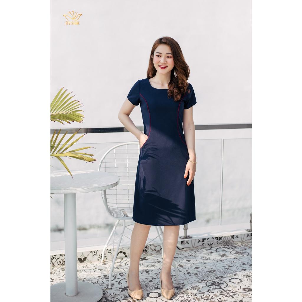Đầm nữ trung niên form suông thiết kế cao cấp cổ tròn tay ngắn - Màu xanh đen - TTV899 TTV Store
