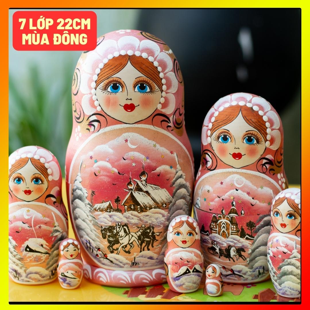 (RẤT ĐẸP VÀ ĐỘC ĐÁO) BỘ BÚP BÊ NGA MATRYOSHKA 7 LỚP 21CM "PHONG CẢNH MÙA ĐÔNG" XANH DA TRỜI HÀNG LƯU NIỆM NGA CỰC ĐẸP