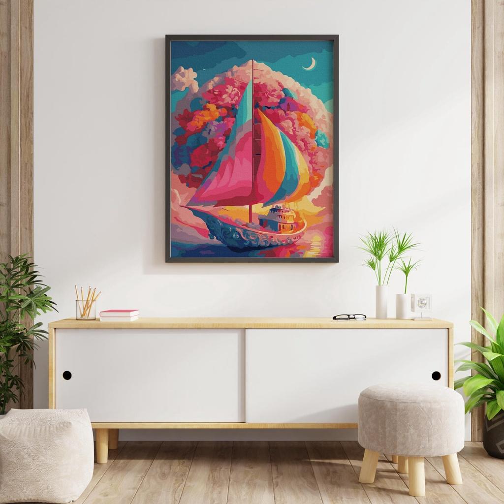 Tranh số hóa Tiên cảnh Cánh buồm cầu vồng đã căng khung 40x50cm