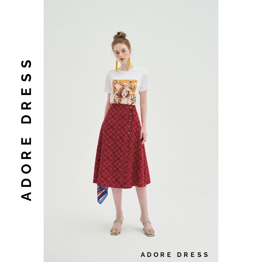 Chân váy Midi skirts casual style lụa chấm bi đỏ và hoa nhí đen  khuy dừa 311SK2017 ADORE DRESS