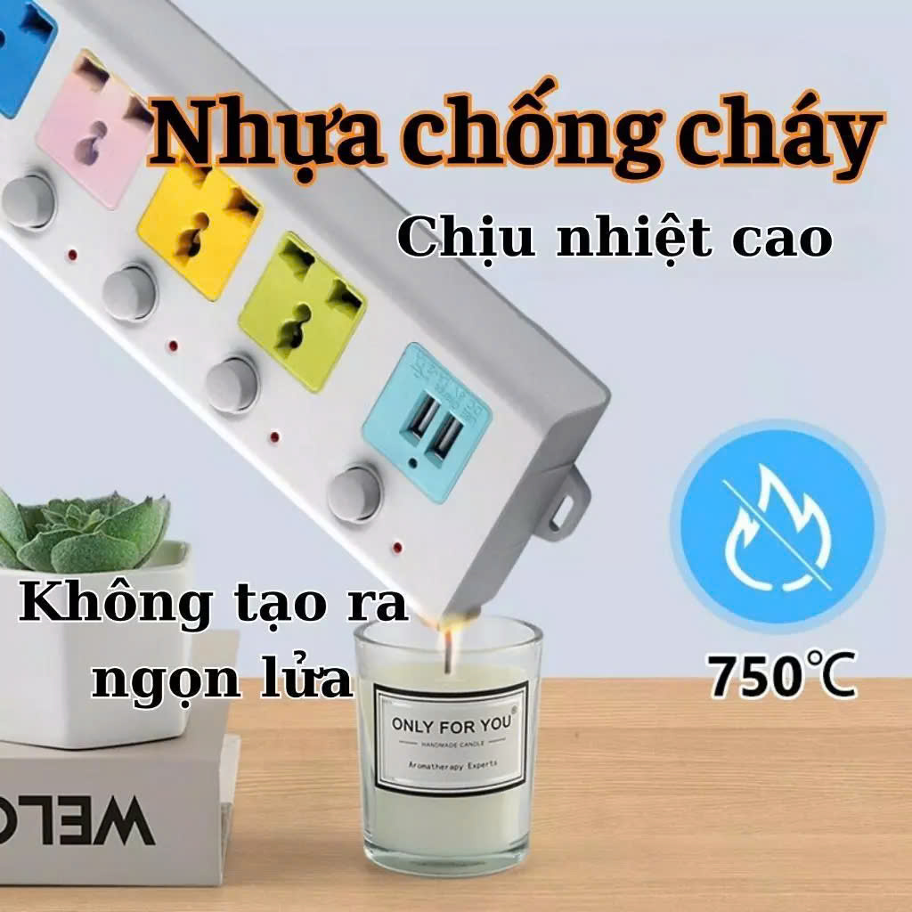 Ổ Cắm Điện 4 Ổ Cắm Kèm 2 Cổng USB Công Tắc, Đèn Báo Riêng Chịu Tải 2500W, Chống Giật, Chống Cháy - Hàng chính hãng