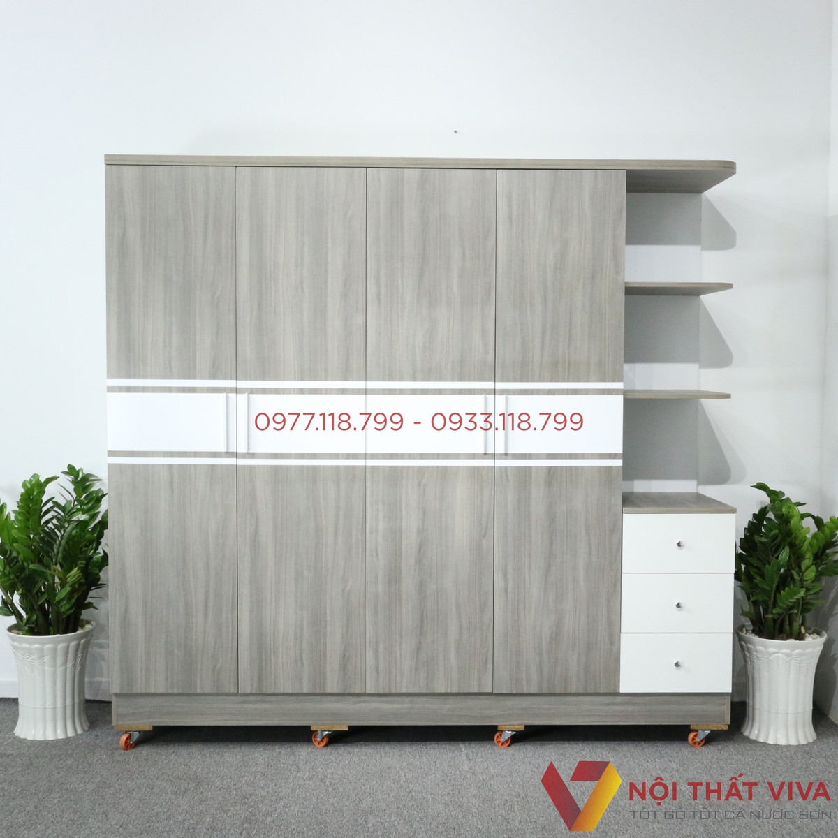 Tủ Quần Áo 4 Cánh Có Kệ Trang Trí Gỗ MDF Phủ Melamine Màu Sọc Xám Đẹp