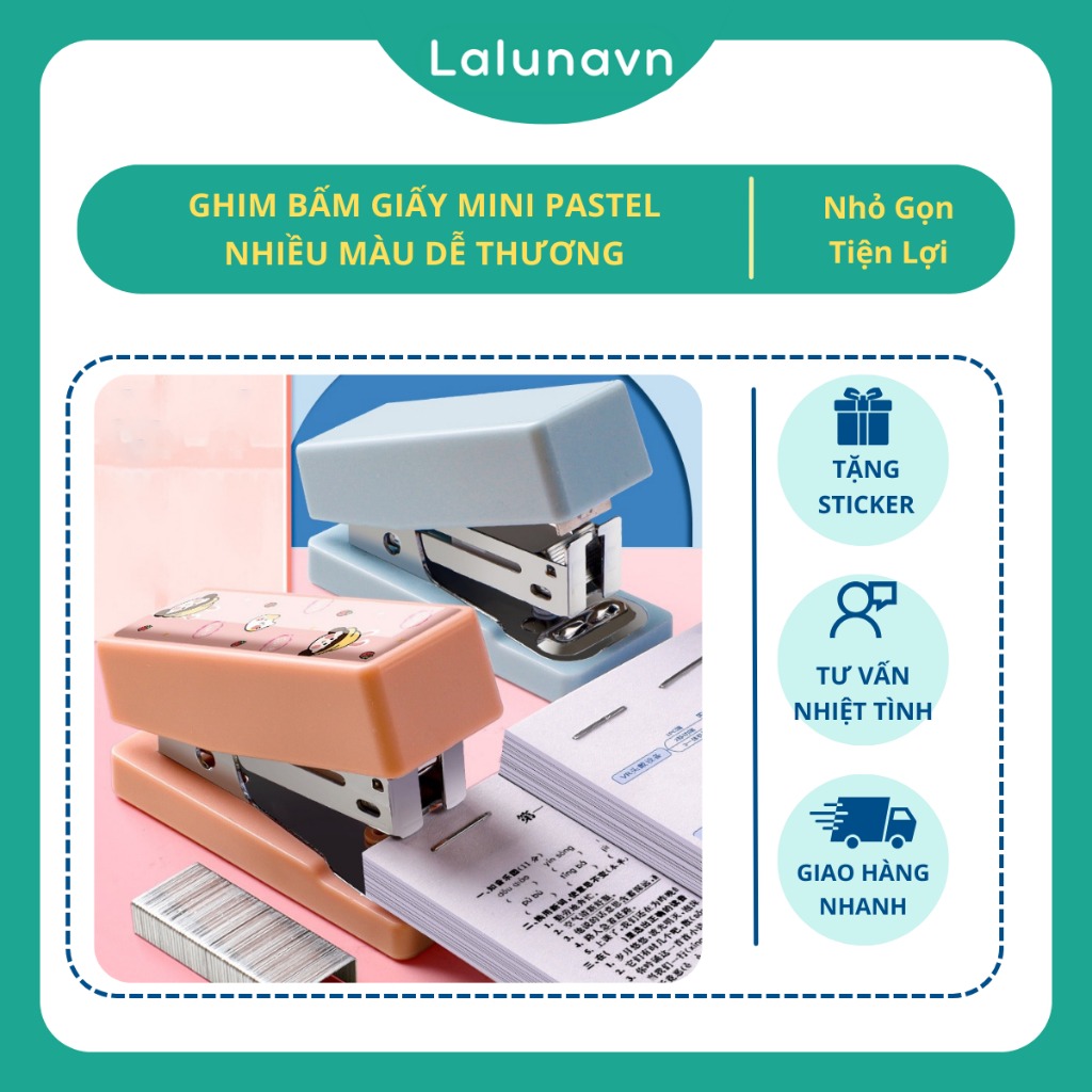 Bấm ghim giấy mini Pastel dập ghim kẹp tài liệu văn phòng phẩm Lalunavn dễ thương B128