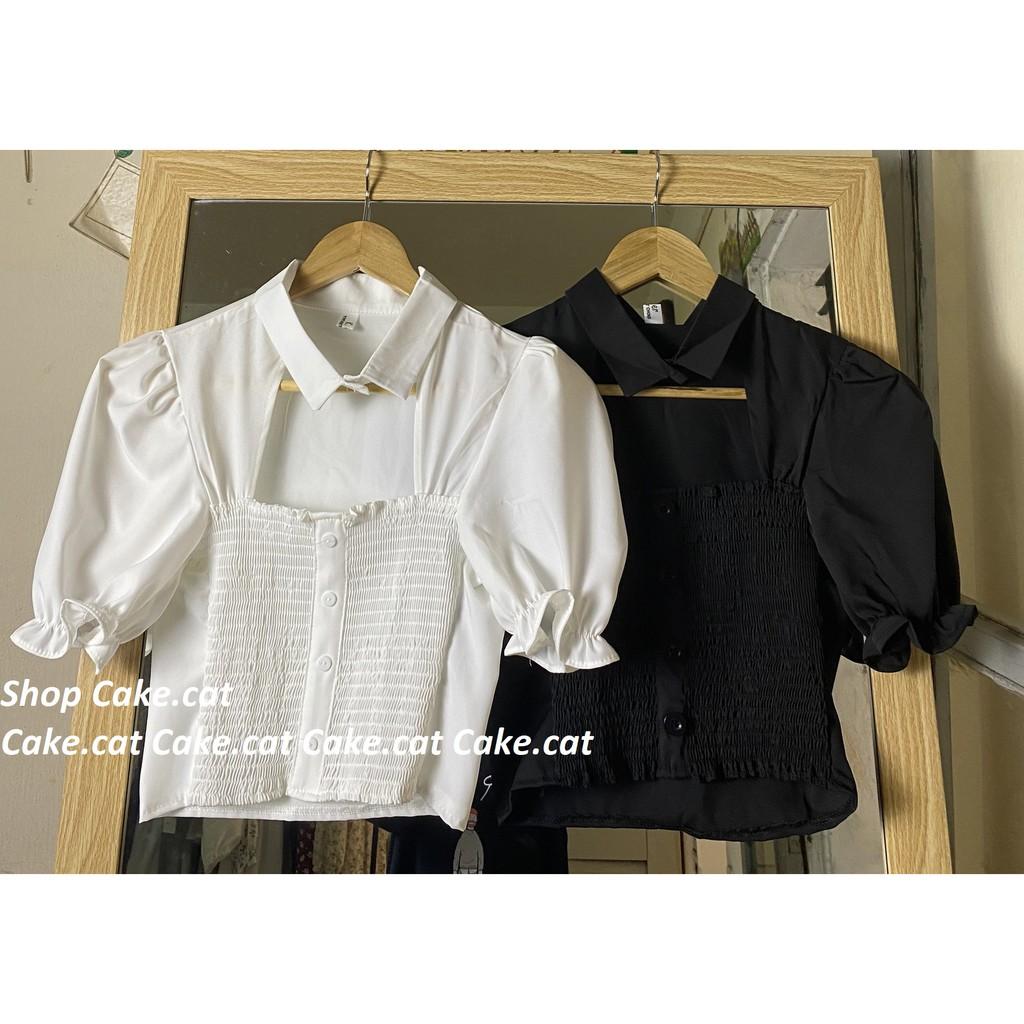 Áo croptop chun ôm người khoét ngực cổ sơ mi 2 màu trắng/ đen