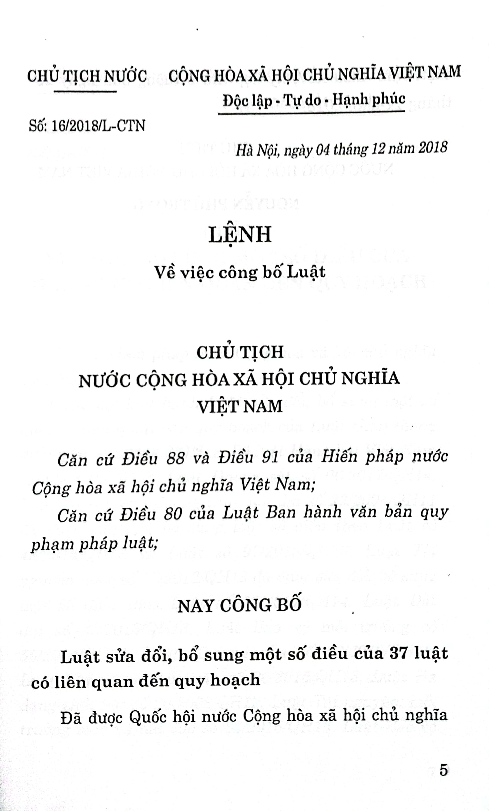 Luật sửa đổi, bổ sung một số điều của 37 luật có liên quan đến quy hoạch