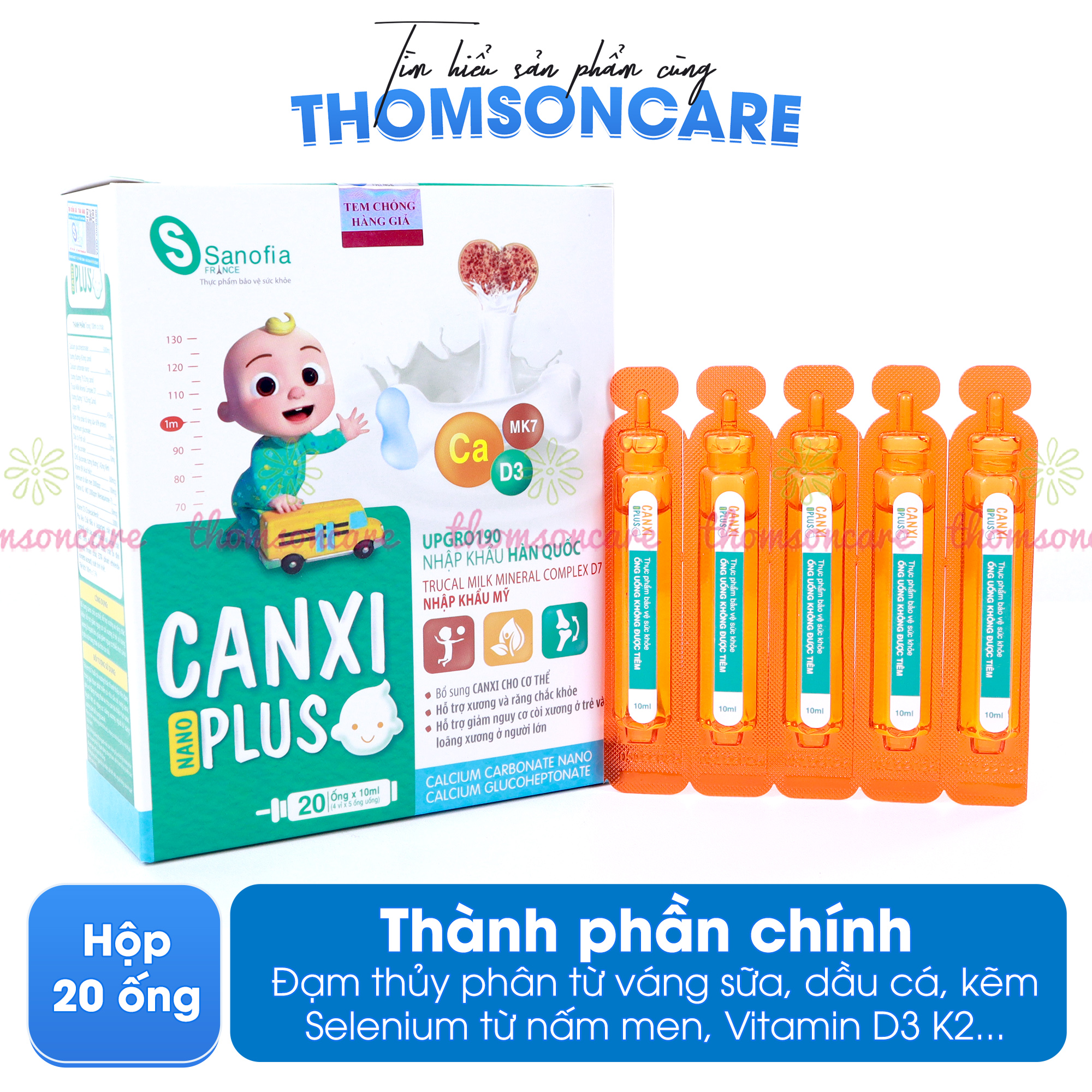 Canxi cho bé - Canxi Nano Plus, giúp xương răng chắc khỏe, giảm còi xương, tăng chiều cao từ Vitamin D3K2 - Hộp 20 ống