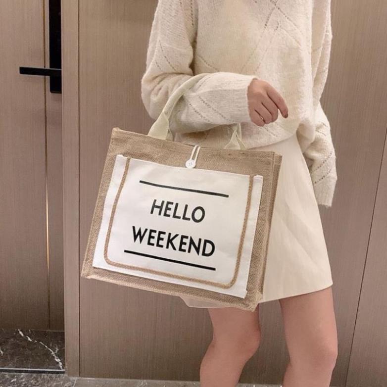 Túi cói đi biển, túi xách du lịch Hello Weekend