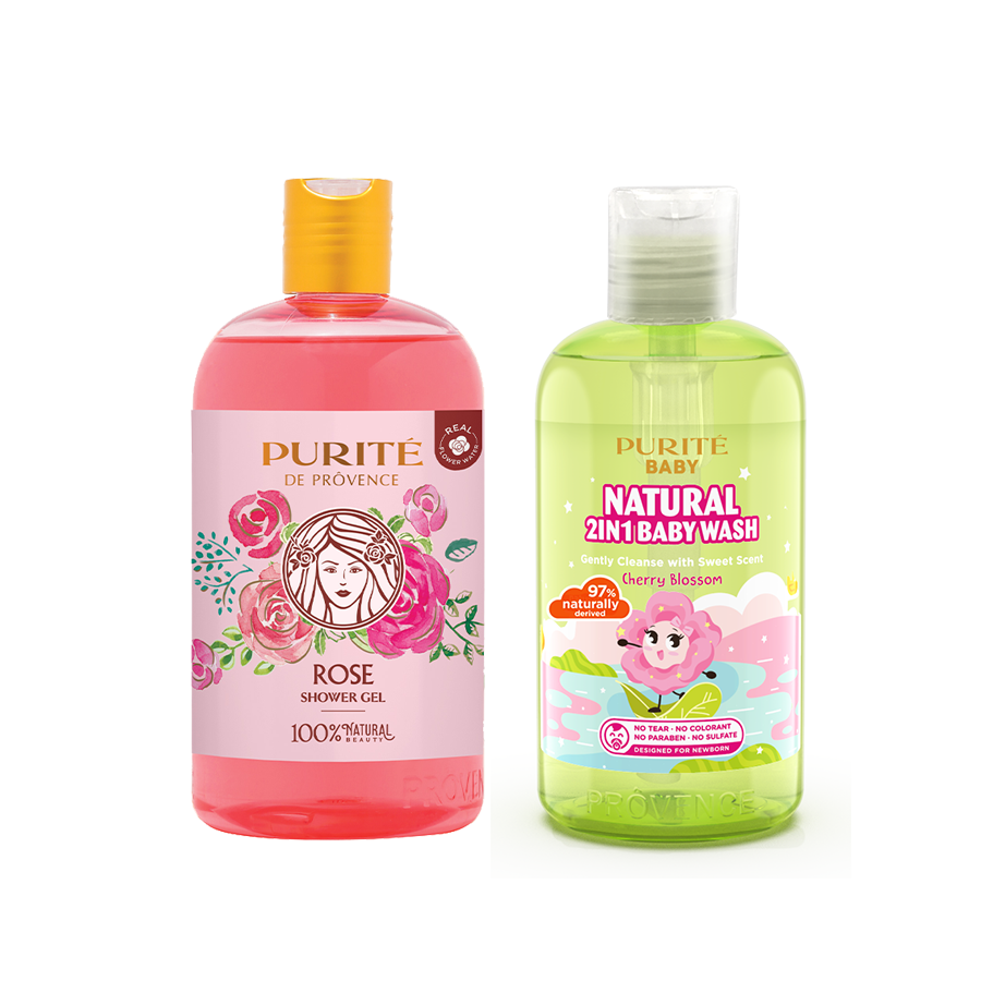 [Hàng Chính Hãng] [Combo Mẹ và Bé]Combo Sữa Tắm Purité Thiên Nhiên Hoa Hồng 500ml+Sữa Tắm Purité Baby Hoa Anh Đào 250ml