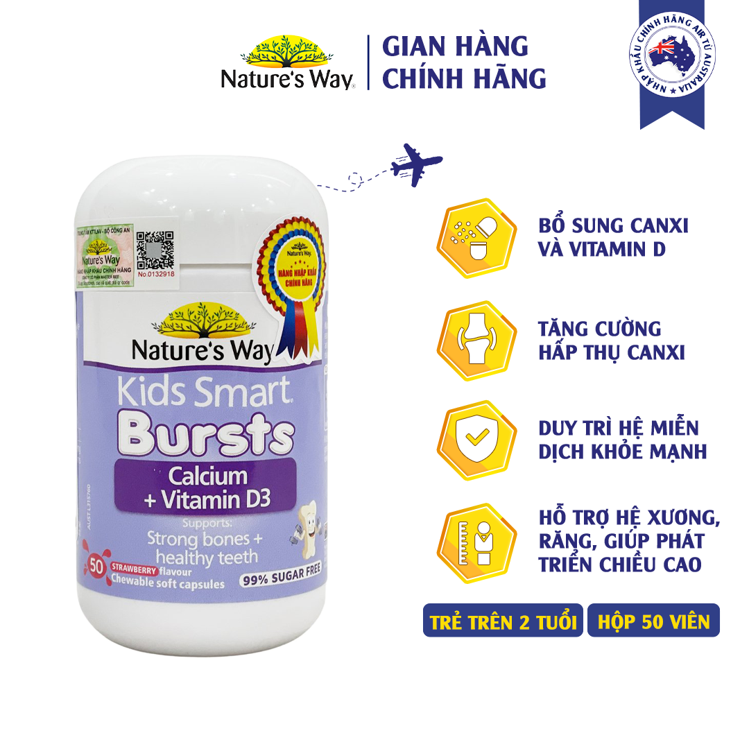 Viên Nhai Cho Bé Nature’s Way Kids Smart Calcium + Vitamin D3 Burstlets Bổ Sung Canxi Phát Triển Chiều Cao 50 Viên