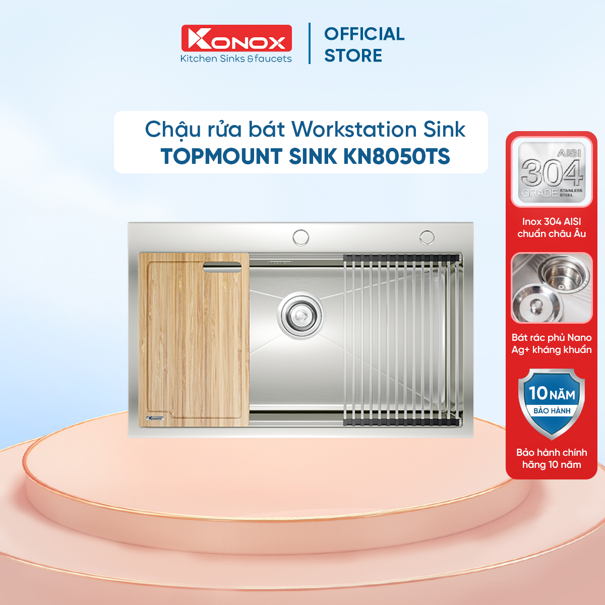 Chậu rửa bát inox Konox, Topmount Series, Model KN8050TS, inox 304 AISI tiêu chuẩn châu Âu, Hạ bậc tích hợp, 800x500x228(mm), Hàng chính hãng