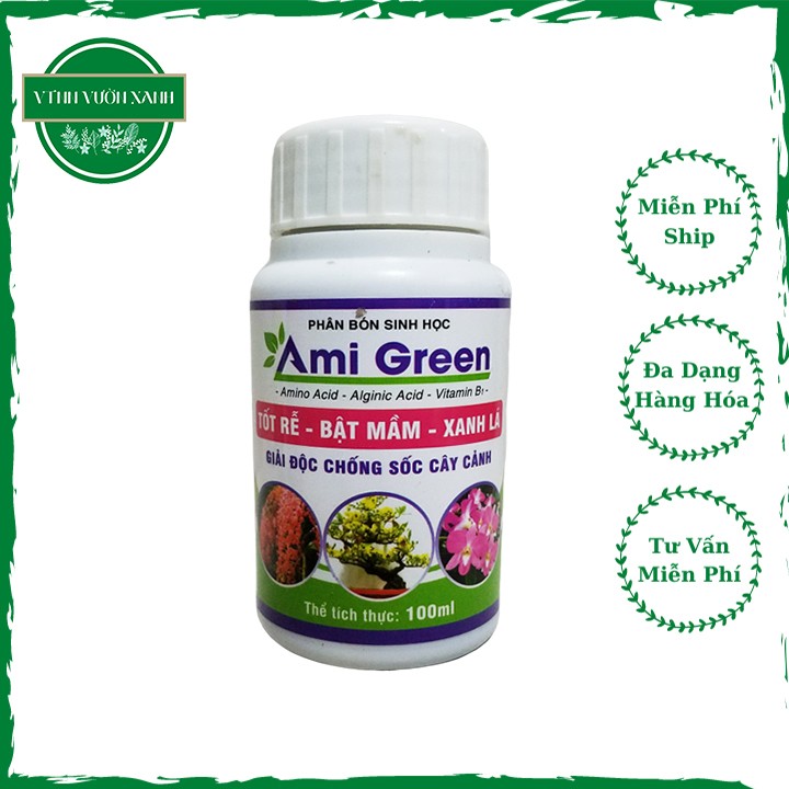 Phân bón sinh học AMI GREEN 100ml giải độc chống sốc cây cảnh  Amino Acid – Alginic Acid – Vitamin B1 giúp phát triển bộ rễ, bật mầm, xanh lá cây