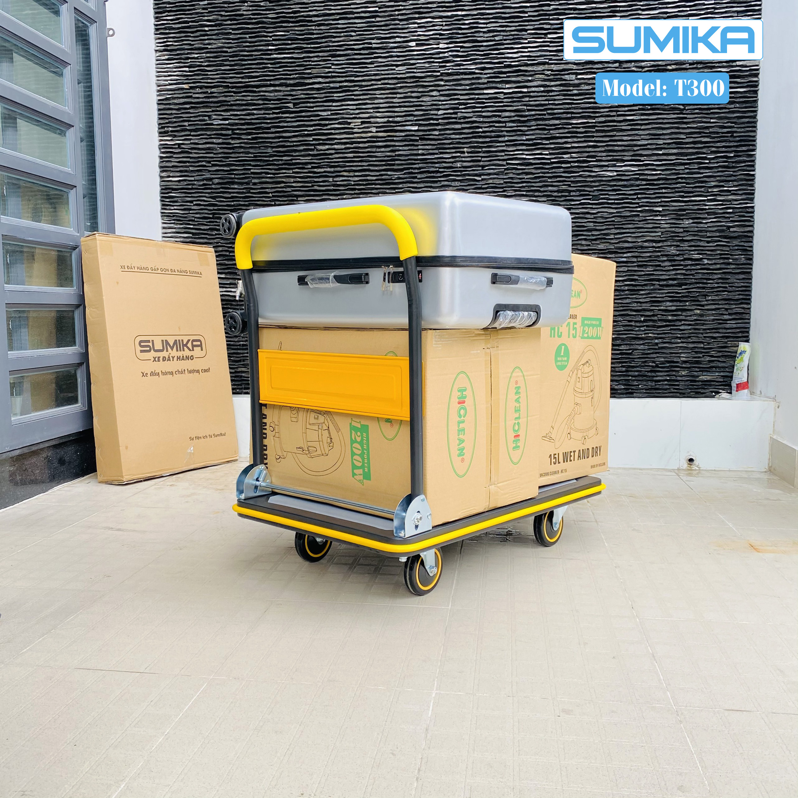 Xe đẩy hàng 4 bánh SUMIKA T300 - Khung thép, tay cầm gấp mở tiện lợi, tải trọng 300kg