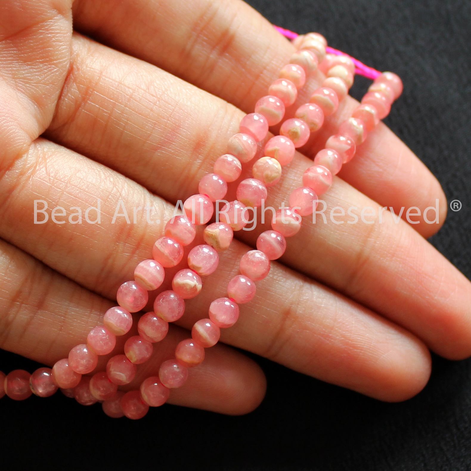 4MM Đá Đào Hoa Tự Nhiên Màu Hồng, Rhodochrosite Loại A Vân Trắng, Đá Phối Vòng Tay Phong Thuỷ, Chuỗi Hạt, Mệnh Hoả, Thổ - Bead Art