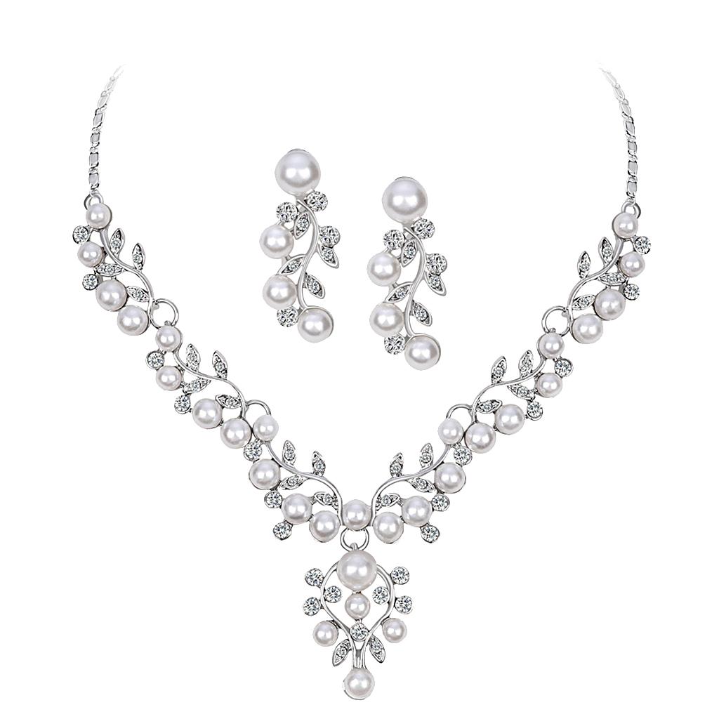 Crystal Rhinestone Pearl Flower Leaf Necklace Earrings Set Wedding Jewelry