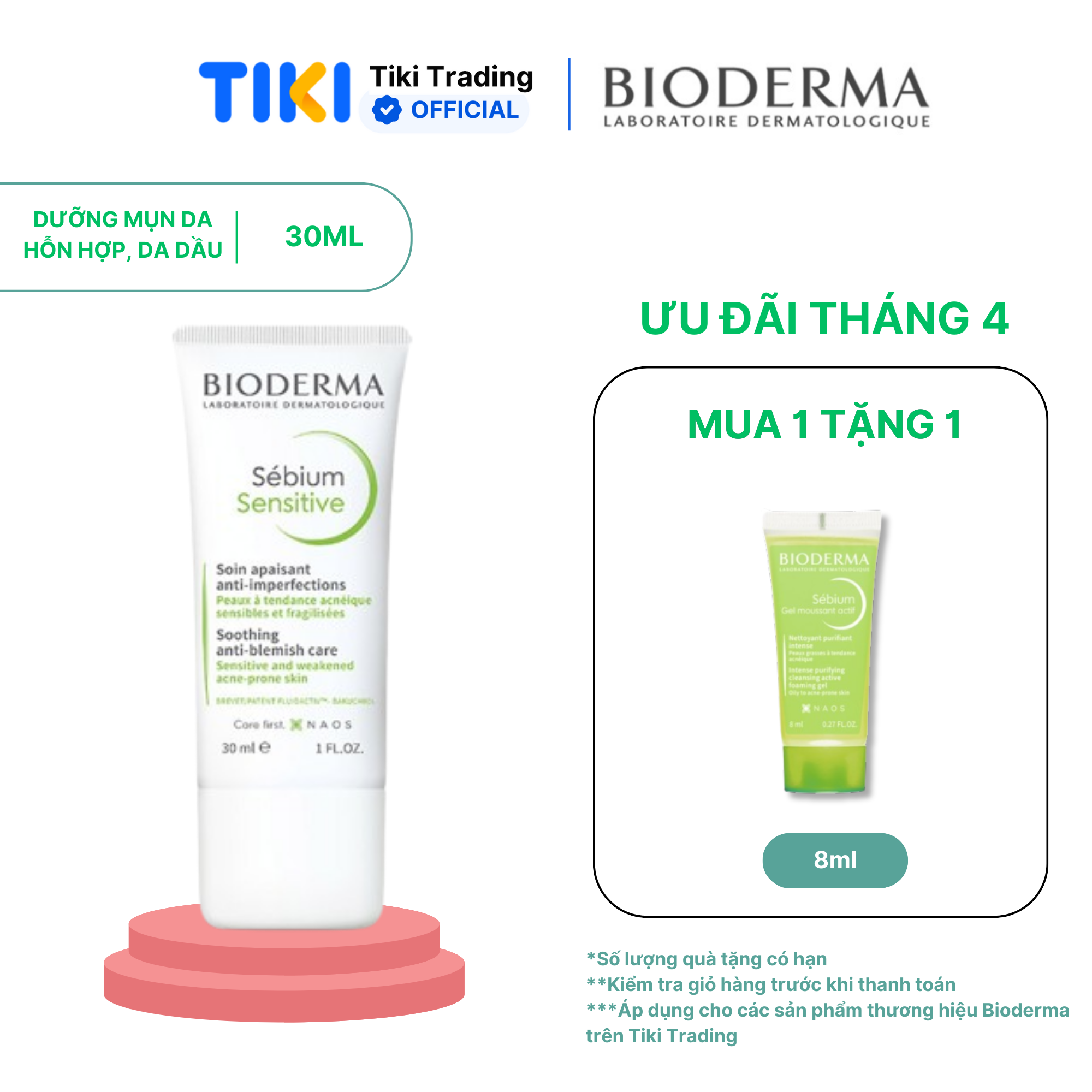 Kem dưỡng giảm mụn cho da mụn viêm nhạy cảm Bioderma Sébium Sensitive - 30 ml